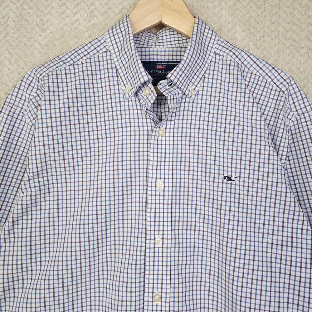 Vineyard Vines White Blue Brown Check‎ Long Sleeve Button Down Shirt Mens Large